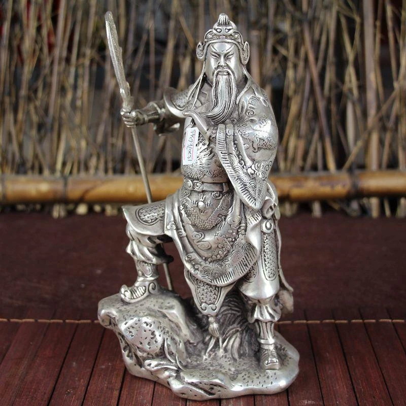 Antique Miscellaneous Copperware, White Copper, Study Room Home Decor, Exquisite Craft, Standing Guan Gong with Knife