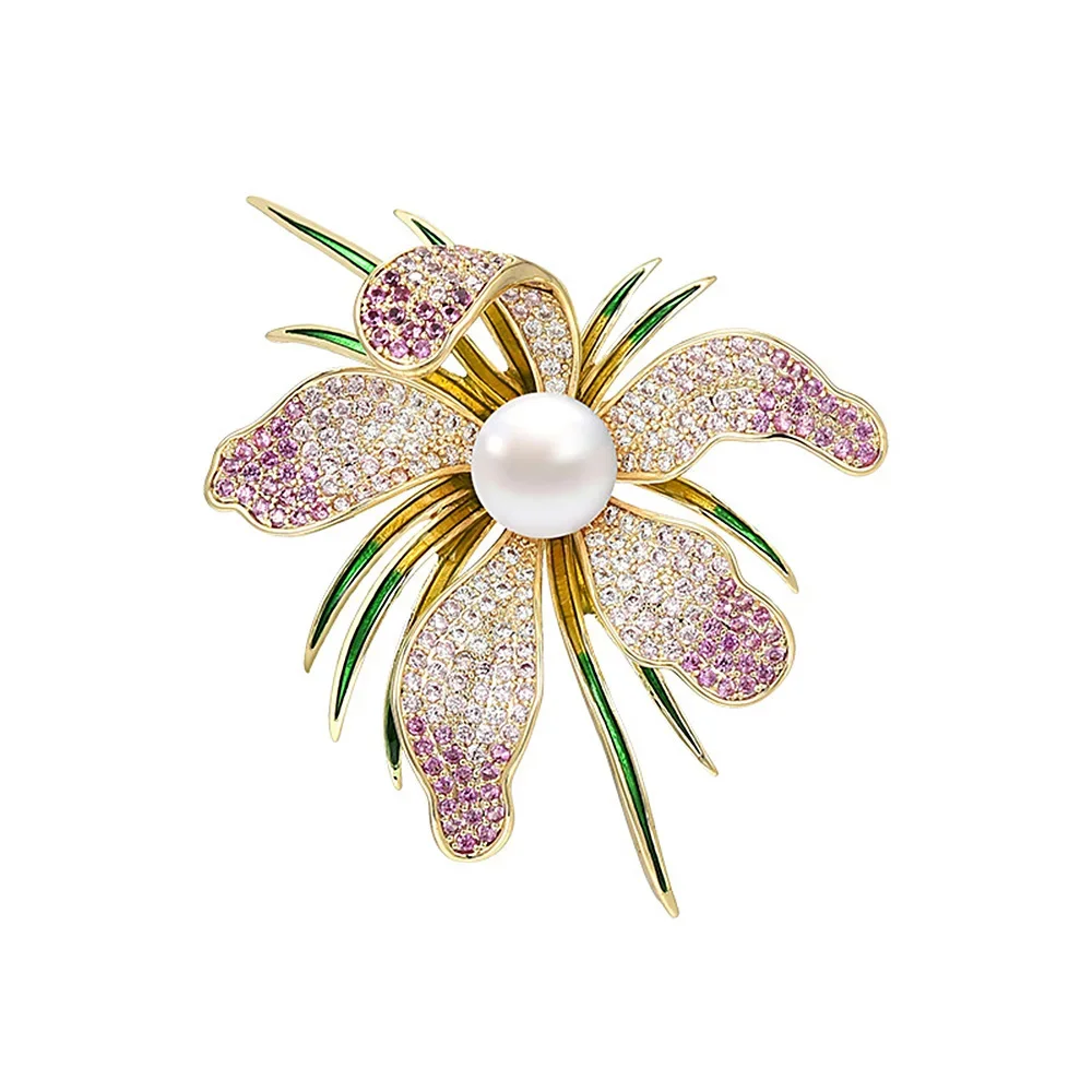 Women's Jewelry Elegant Enamel Orchid Flower Brooch Rhinestone Pearl Badge Pin Metal Plant Corsage Mother's Day Gifts