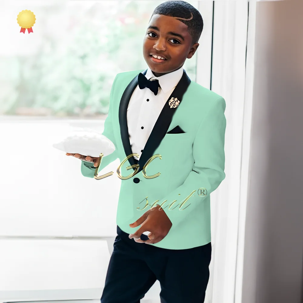 Boys' dress suit 2-piece set (single-button jacket + black trousers) black green fruit collar jacket custom-made tuxedo