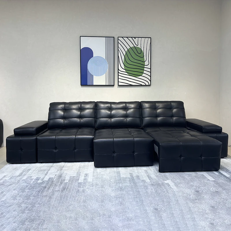 المنزل الذكي الحديث الكهربائية السوداء للتمديد أريكة سرير طقم أريكة جلدية عالية الظهر كبير يجلس وظيفة عميقة أريكة قابلة للسحب #2