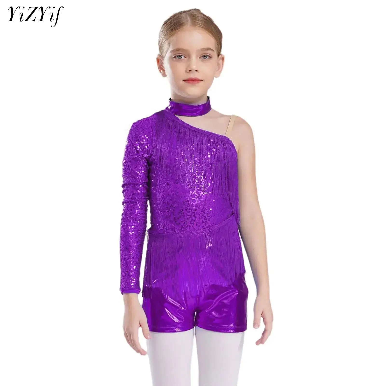 Kids Girls One Shoulder Tassel Modern Jazz Latin Ballet Dance Costume Metallic Shorty Unitard Dress Stage Performance Dancewear