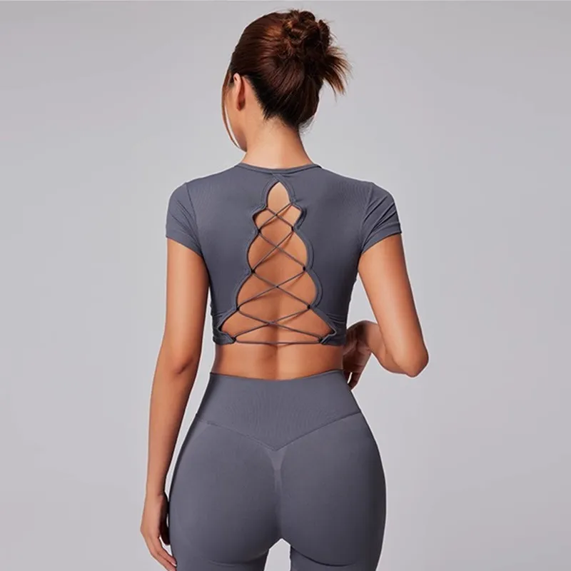 

YUSHUHUA New Weave Backless Cropped Yoga Top Short Sleeve Round Neck Sport Shirt Padded Gym Women Breathable Run Fitness Tshirt