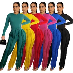 Long Sleeve Bodysuit and Pants Fringe Tassel Trousers Two Piece Set Tracksuit Fall Women Clothing Sexy Skinny Outfits