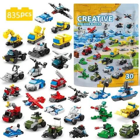 835pcs 30 Style Mini Transportation Tank Plane Car Educational Models Building Blocks Kids Diy Bricks Toys for Children