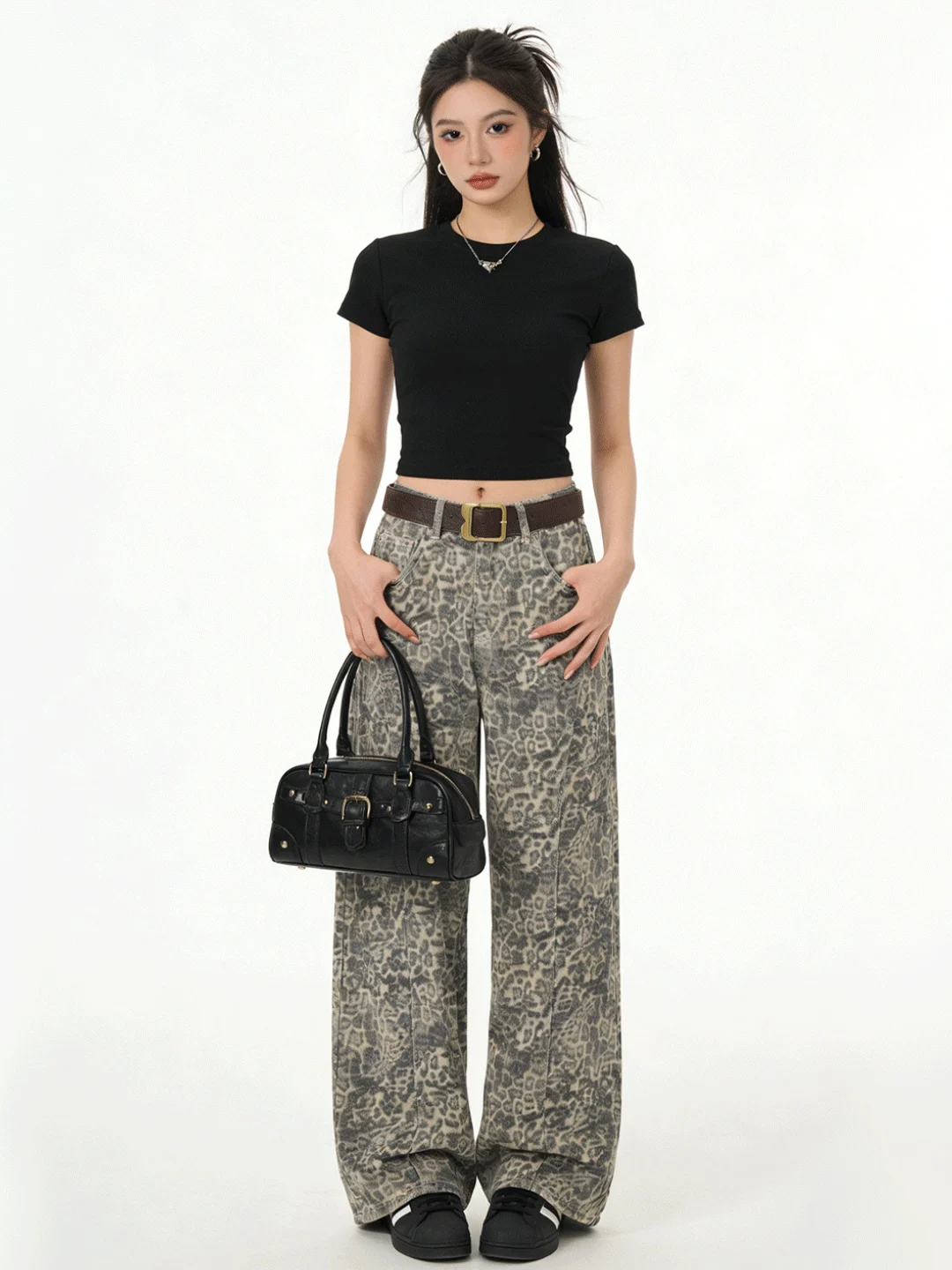 

High Waist American Retro Leopard Print Camouflage Wide Leg Jeans Early Spring New Design Drape Slimming Long Pants