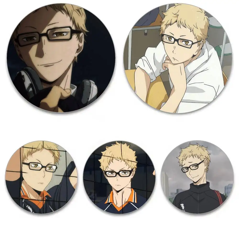 Tsukishima Kei Badges Anime Round Laser Badge Cartoon Brooch Clothes Backpack Accessories Lapel