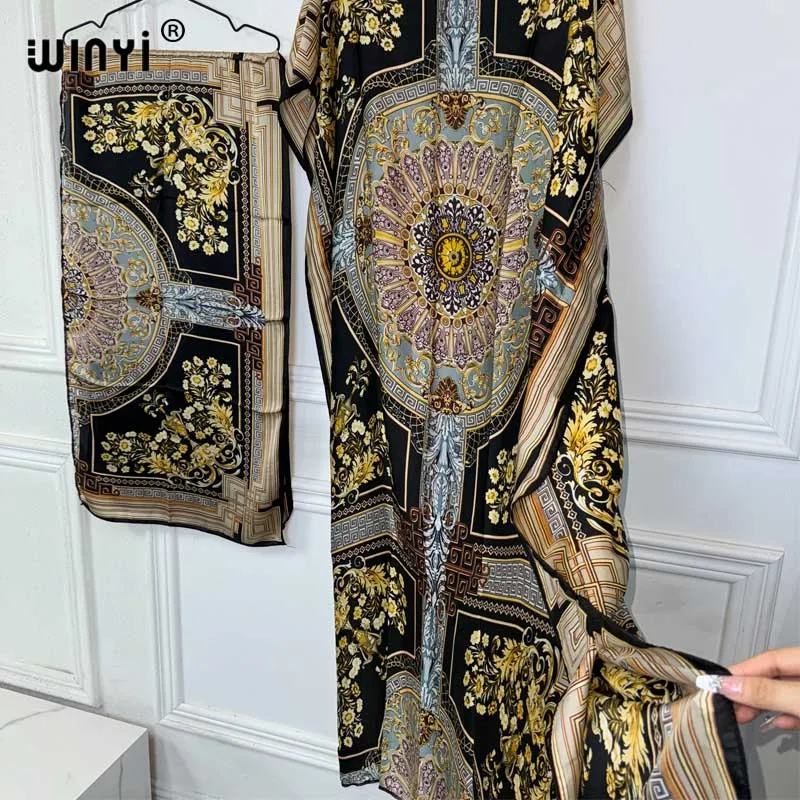 WINYI 2024 New African Women Dashiki boho print muslim woman dubai Free Size Design With Scarf Maxi Loose African Elegant Dress