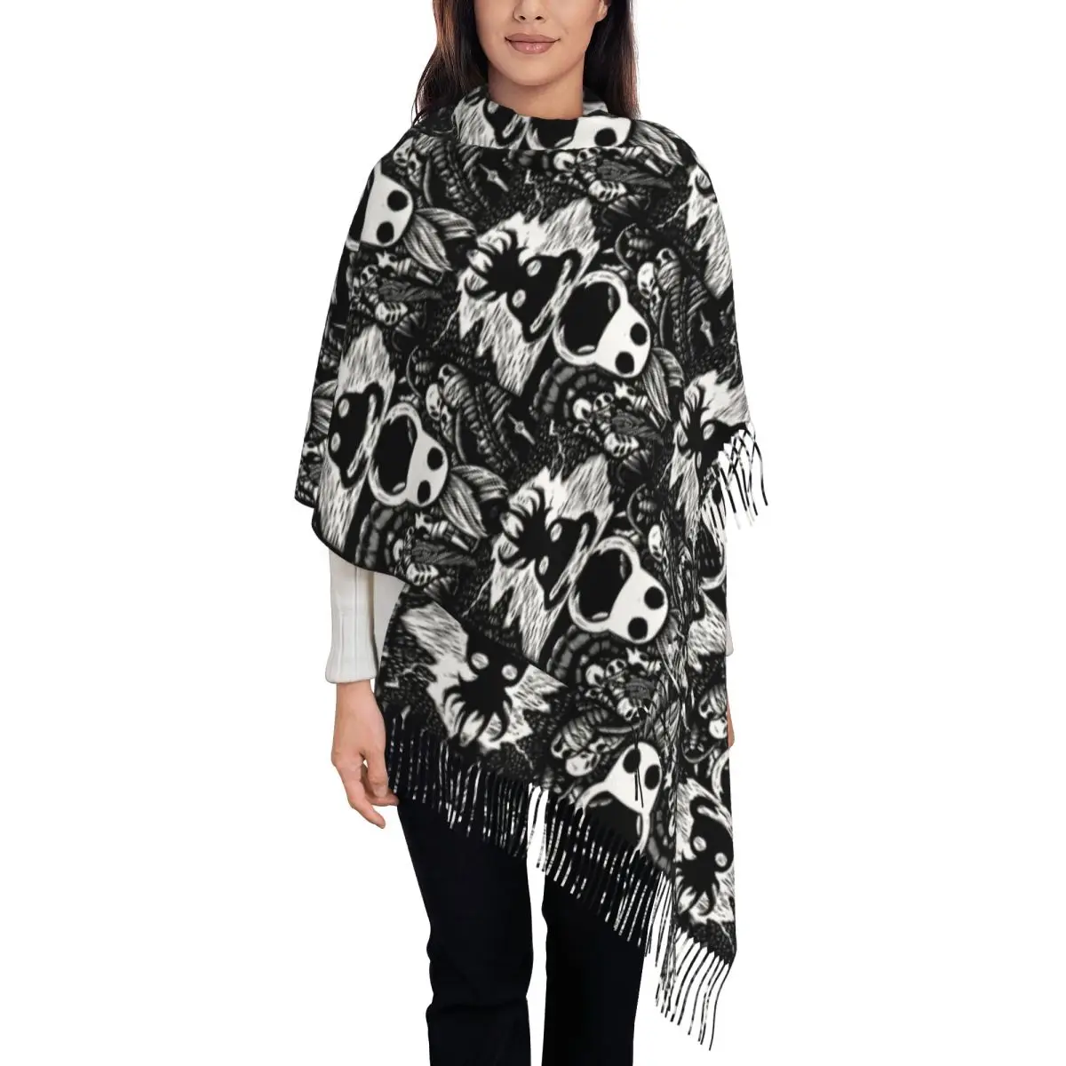 Ghost Hollow Knight Shawl Wrap Women Winter Large Long Scarf Funny Game Neckerchief Tassel Scarves
