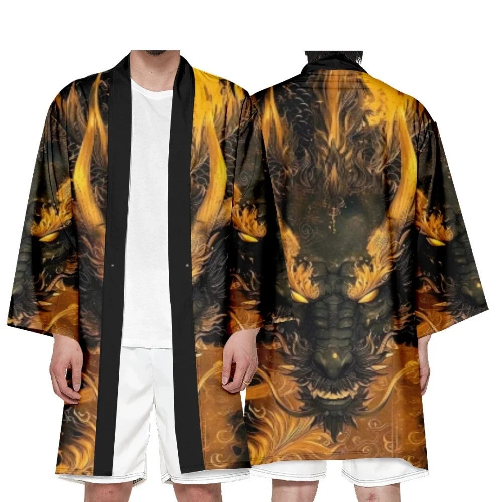 Men's Japanese Long Kimono Cardigan Boys Samurai Costume Dragon Pattern Kimono Shirt Yukata Outer Cover Cosplay Costume
