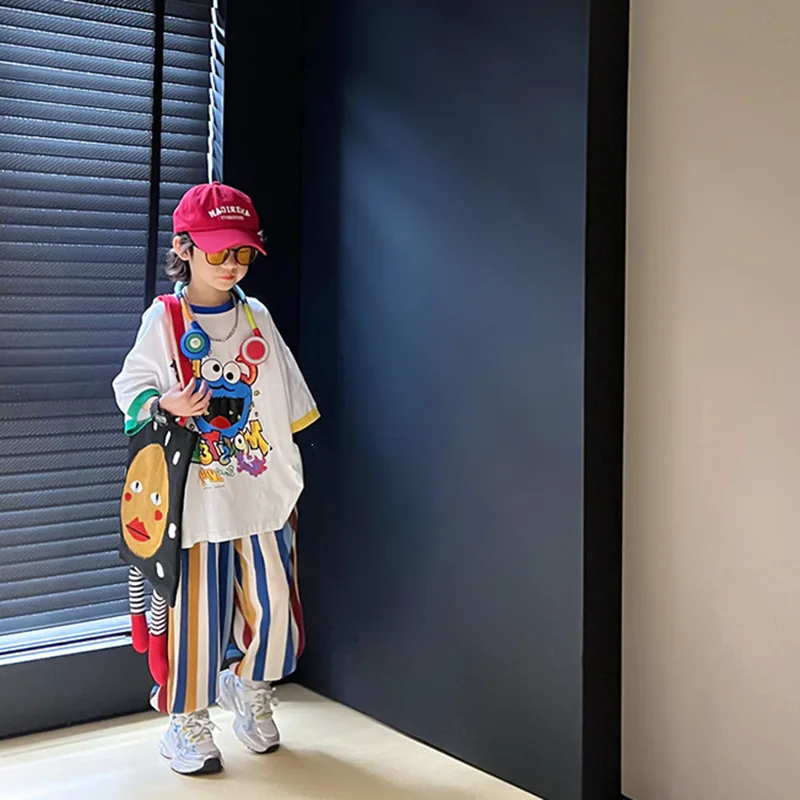 2026 Summer Boys Cotton Contrast Cartoon T-Shirt Tops+Loose Colored Stripes Pant Set School Kids Tracksuit Child 2PCS Outfit
