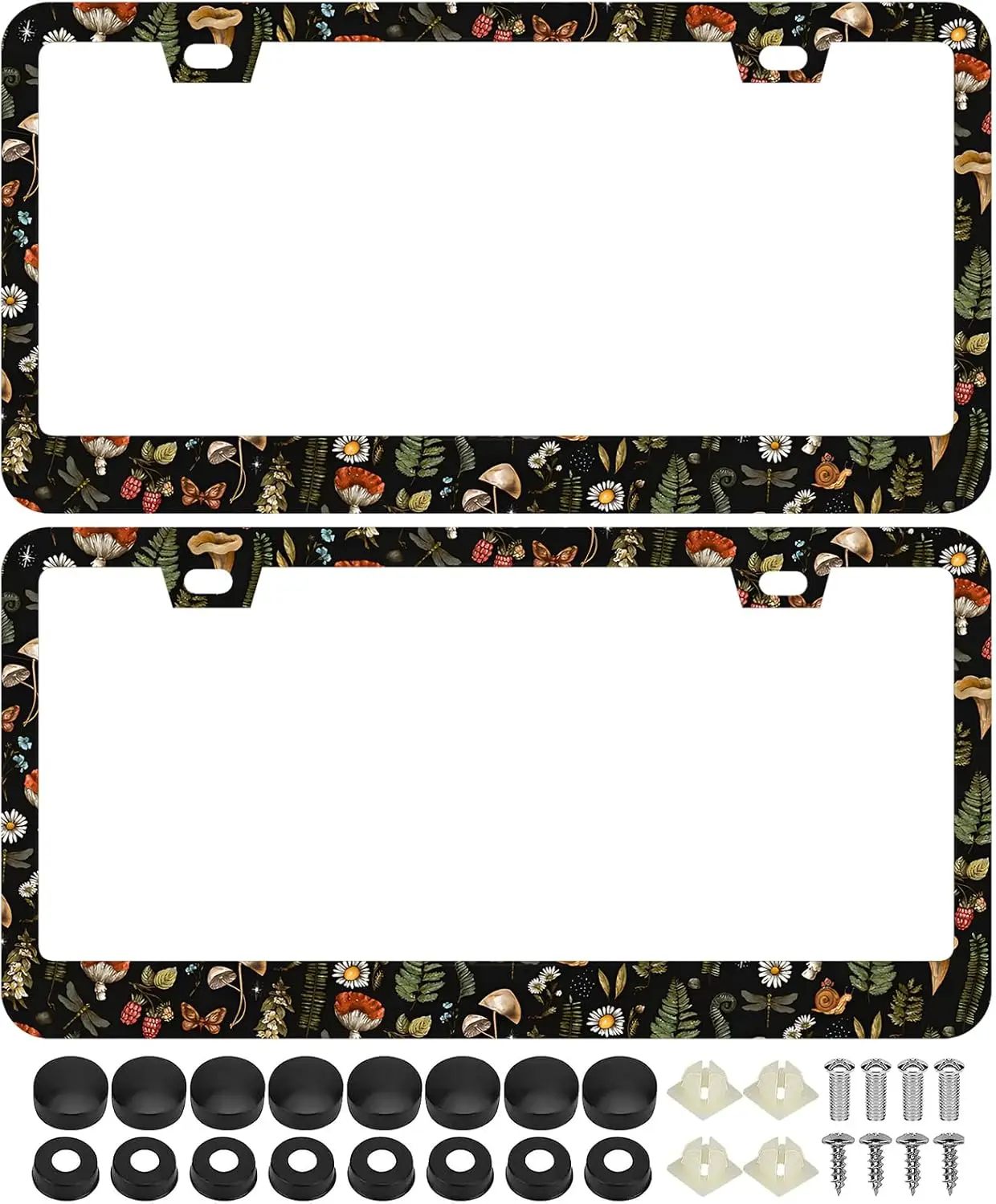 

2Pcs Woodland Fern Moth Dragonfly Mushroom Amanita License Plate Frames Stainless Steel Kawaii Goth Black with Screw Caps
