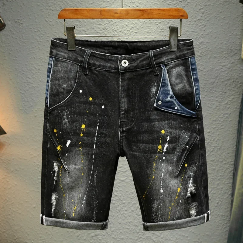 

Pop Summer Men's Elastic Splashed Ink Vintage Black Knee Length Jeans Shorts Casual Trendy Slim Printed Denim Shorts Streetwear