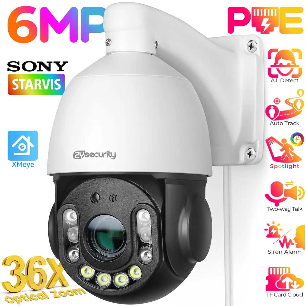 6MP 36X Optical Zoom PoE PTZ IP Camera Outdoor Face Detect Auto Tracking Dome Security Camera CCTV Surveillance Camera iCSee APP