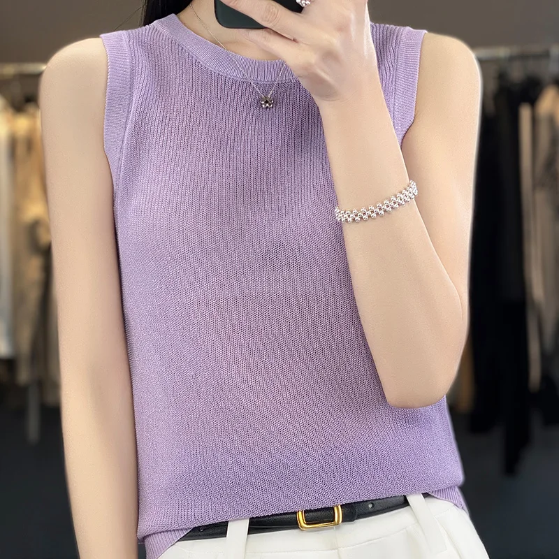 Elegant Time Is Still Ice Silk Suspender Vest Female Inside 2023 Summer Crewneck Knitted Style Top