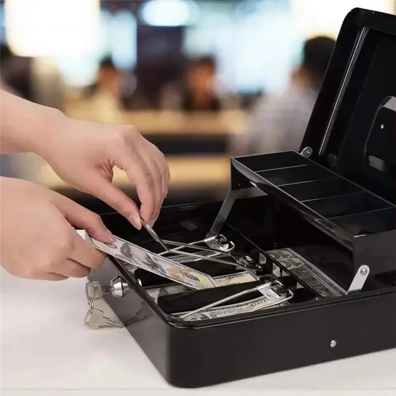 

ABRE-Security Storage Box Lockable Metal Cash Box With Cash Tray Capacity Multi Compartment Portable Home Safe