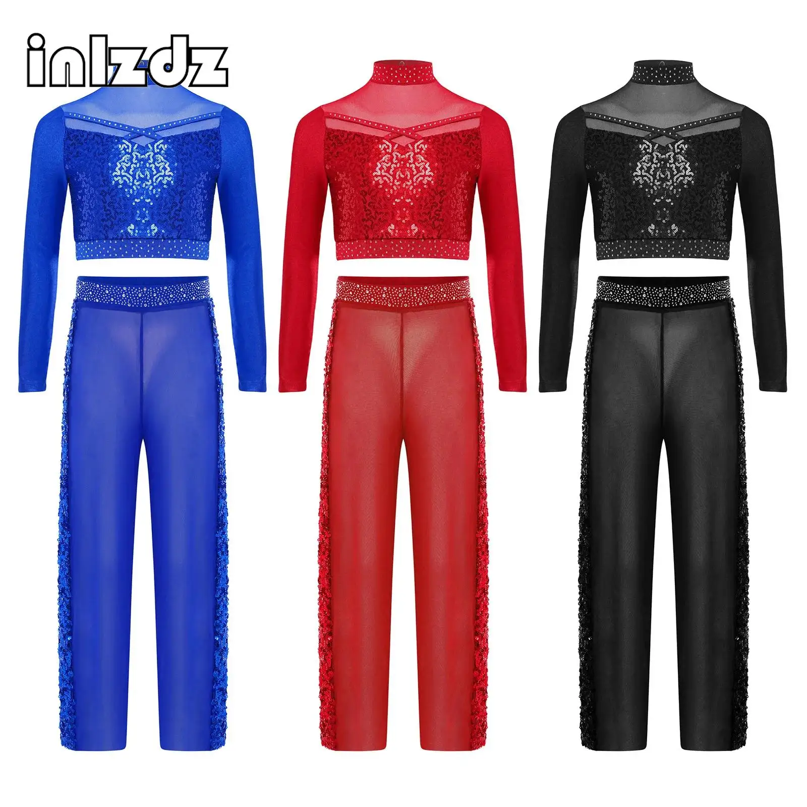 

Girls Sequin Jazz Dance Outfit Kids Modern Dance Performance Costume Long Sleeve Shiny Rhinestones Crop Top+Sheer Mesh Pants