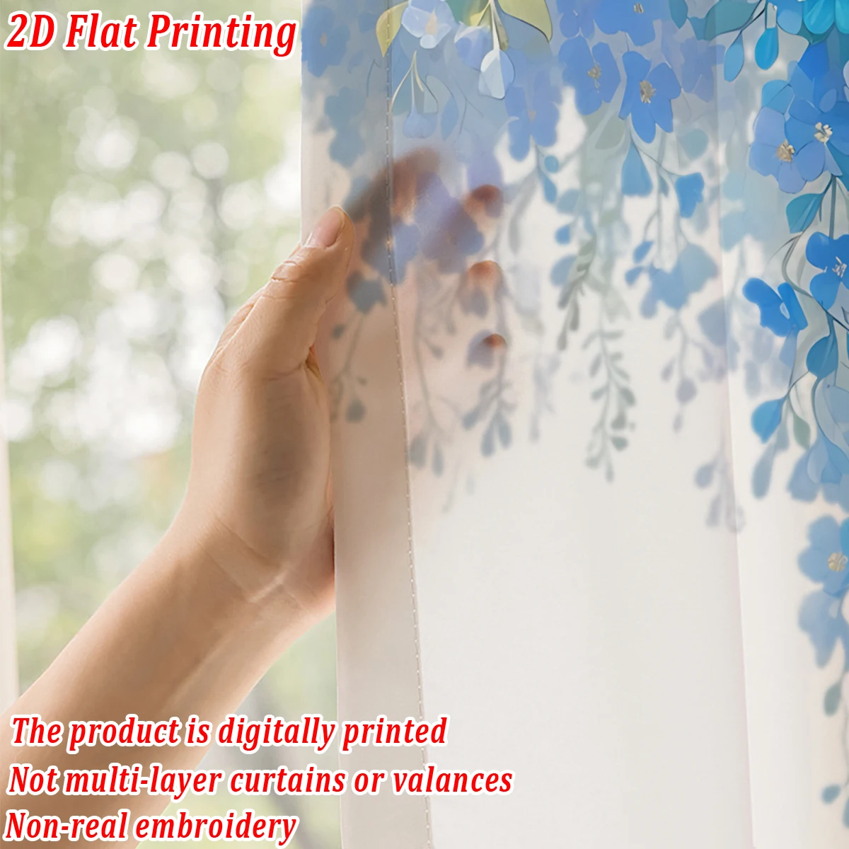 ستارة شفافة بطباعة مسطحة على شكل زهور زرقاء، قماش خفيف، لغرفة المعيشة وغرفة النوم وباب المنزل ونافذة الديكور