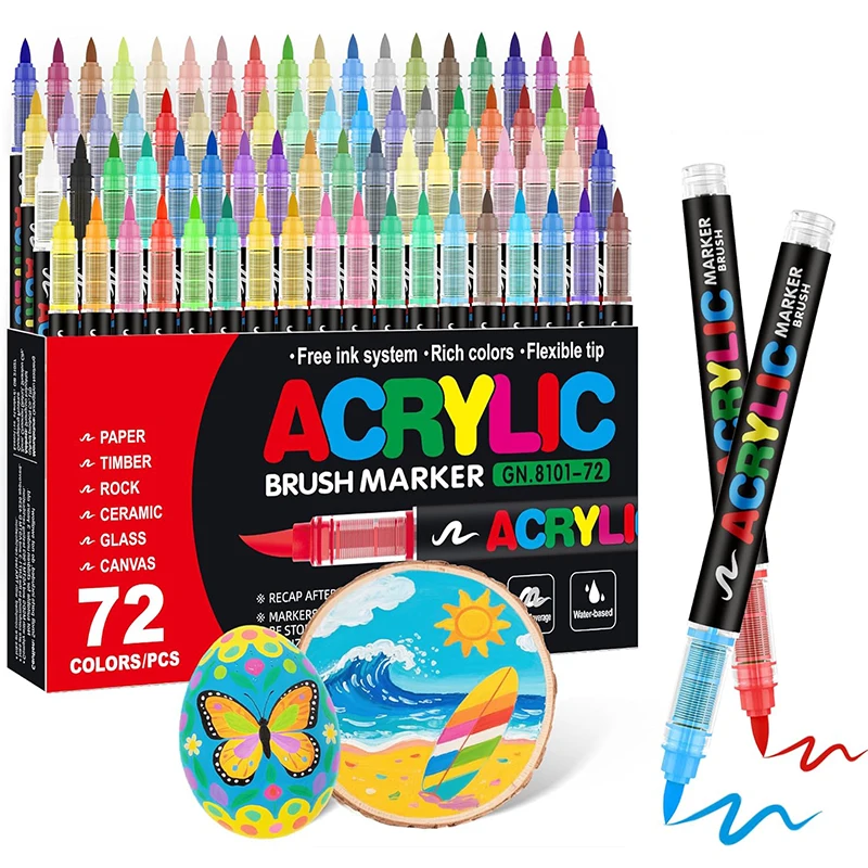 

12-72 Colors Acrylic Paint Markers Pens,Soft Brush Tip Large Ink Capacity AcrylicMarker Brush Pen,Glass Rock Painting DIY Crafts