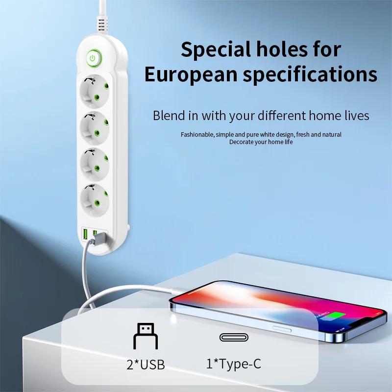 EU Plug AC Outlets Multitap Power Strip Socket 2m Extension Cord Electrical With USB Ports Fast Charging Network Filter Adapter