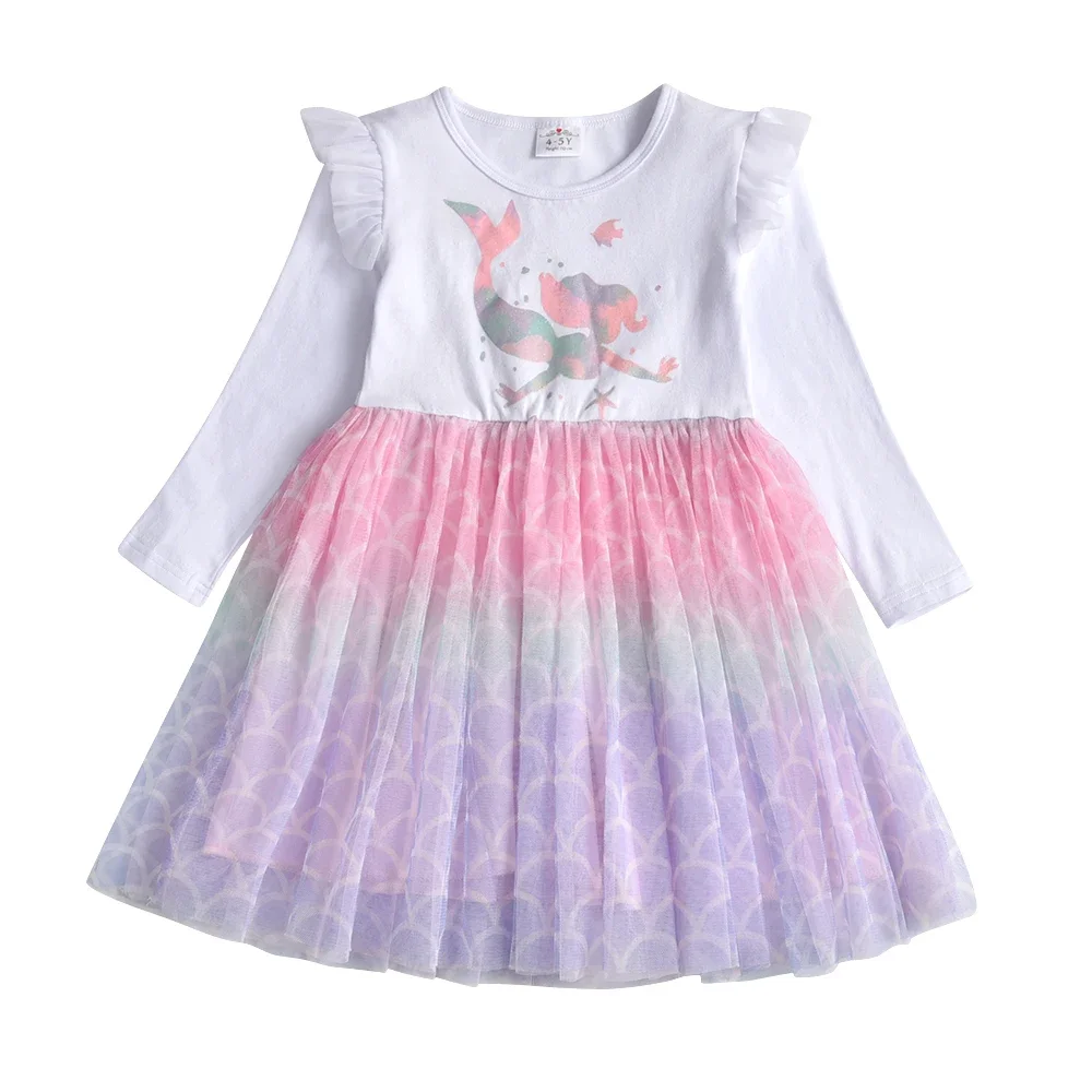 VIKITA Girls Mermaid Cartoon Print Dress Kids Autumn Spring Flare Sleeve Dresses Girls Gradient Casual Daily Princess Dresses