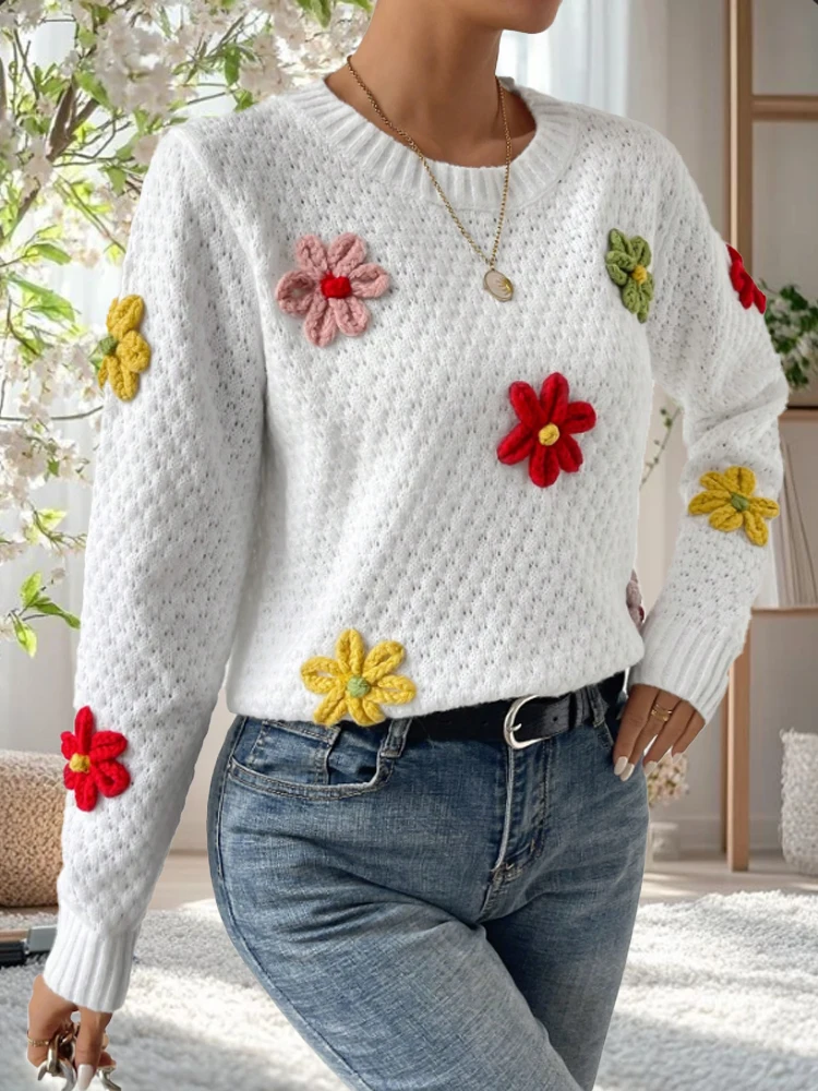 البوب المرأة الجديدة زين الأزهار التطريز طويلة الأكمام سترة البلوز أنيقة جولة الرقبة بلون قمم الخريف الشتاء الترويج #3