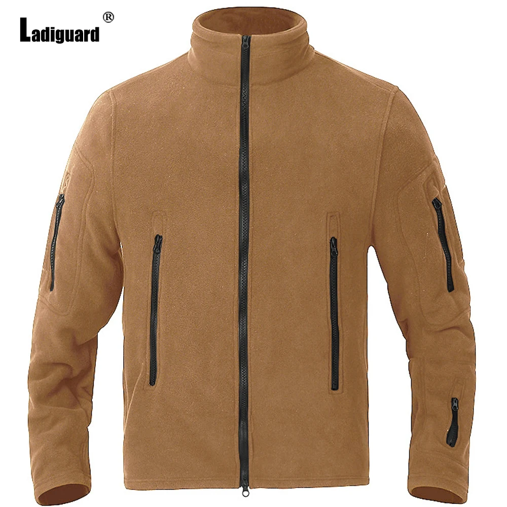 

Ladiguard Men Casual Plush Jackets Mandarin Collar Top Outdoor Tactical 2023 Winter Warm Outerwear Khaki Soft Multi-zipper Coats