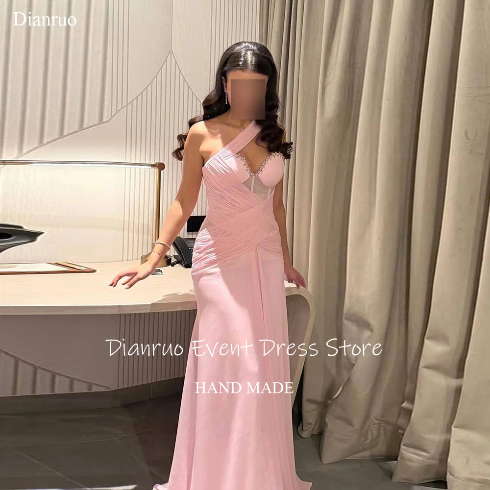 

Dianruo Gitter Crystal Neck فساتين سهرات Evening Dress Pink Dubai Evening Dress Chiffon Robes Bal De Promo Customized