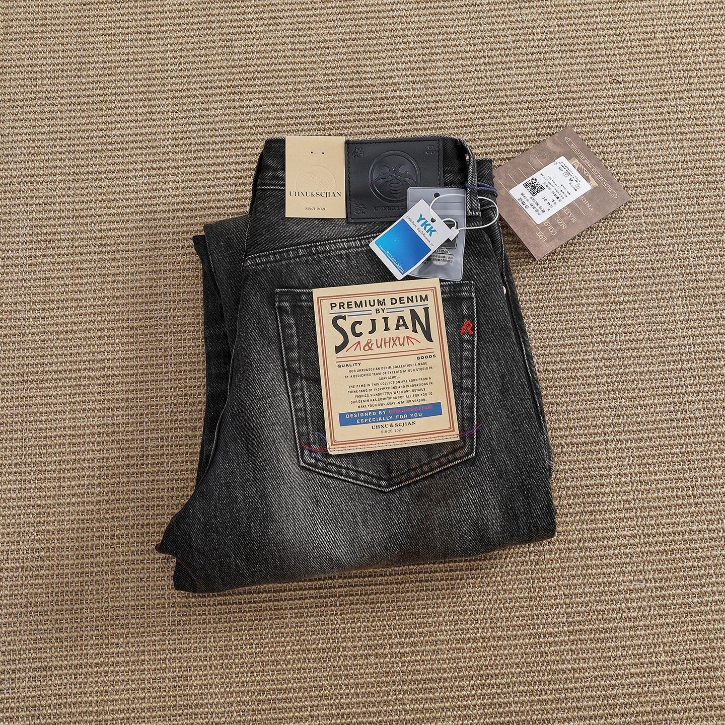 Heavyweight Denim Fabric Men's Ripped Patchwork Jeans Vintage Black Grey  Straight Casual Pants Fashion Urban Style