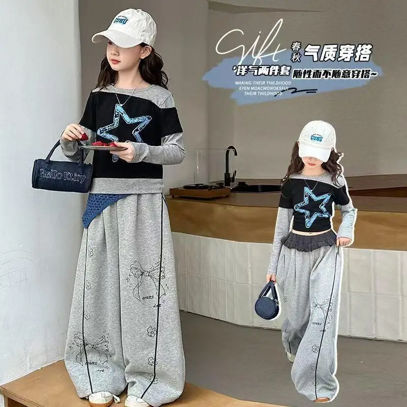 

Kawaii Girl Fashion T-Shirt Pants Student Autumn Cartoon Casual False Two-Piece Tops Long Pants 2-Piece Set Children's Clothing