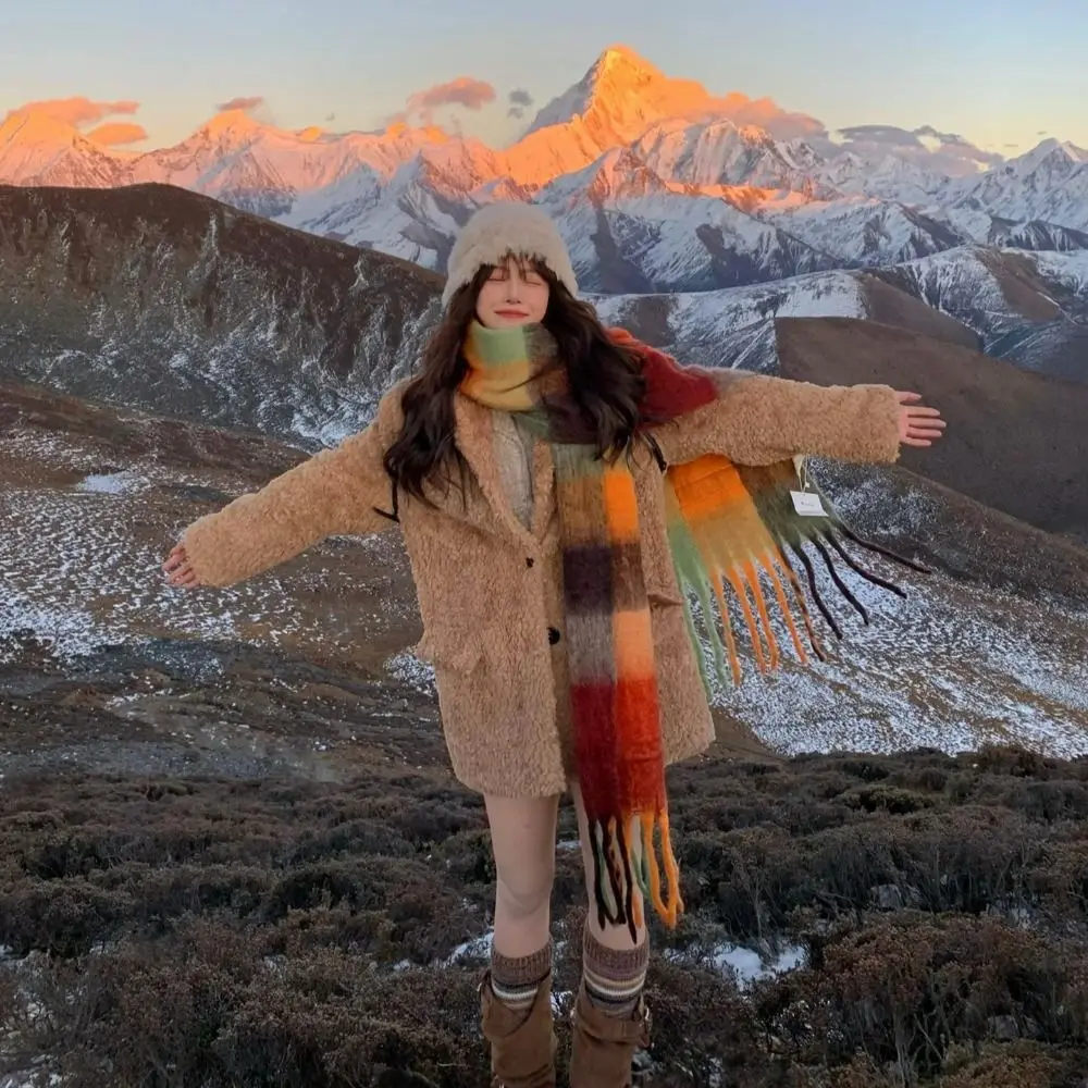 

Retro Tassel Plaid Wool Scarf Rainbow Color Cashmere Shawl Long Shawl Solid Color Plush Winter Cashmere Scarves Student