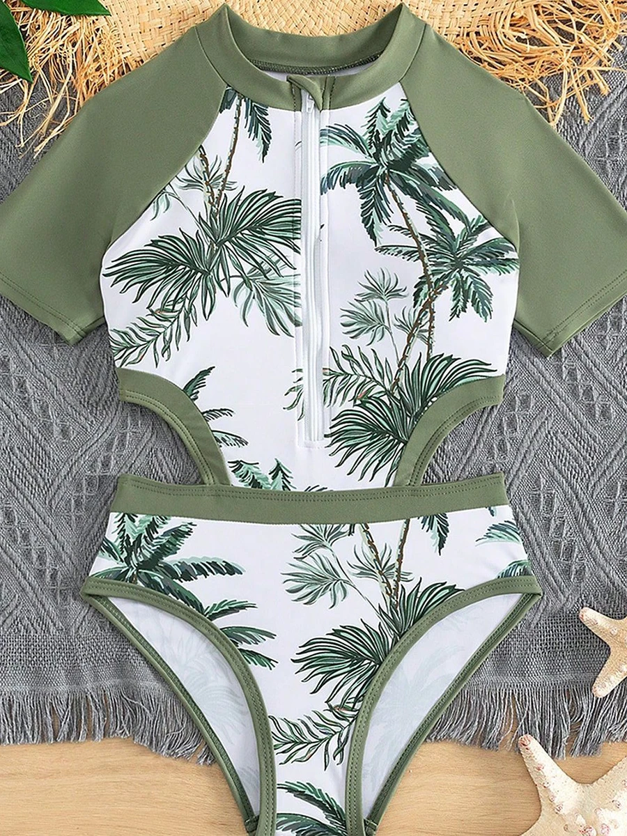 

2026 Print Hollow Girls Swimsuit One Piece Green Kids Swimwear Female Children's Bathers Bathing Swimming Swim Suit Beachwear
