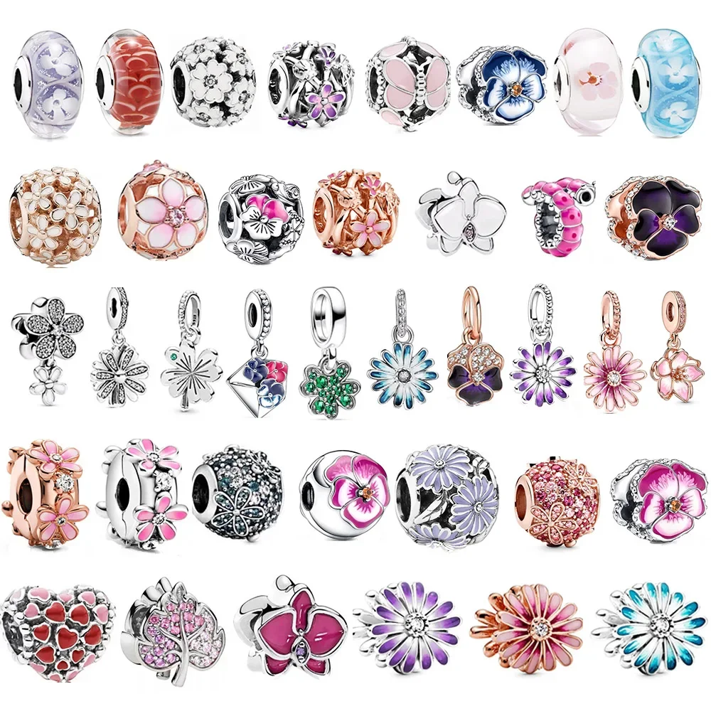 Breloques Pandora originales en argent regardé 925 pour femme, rose, violet, bleu, détruire AndrFlower, perles pour bracelet, mode, bijoux à bricoler soi-même, cadeau