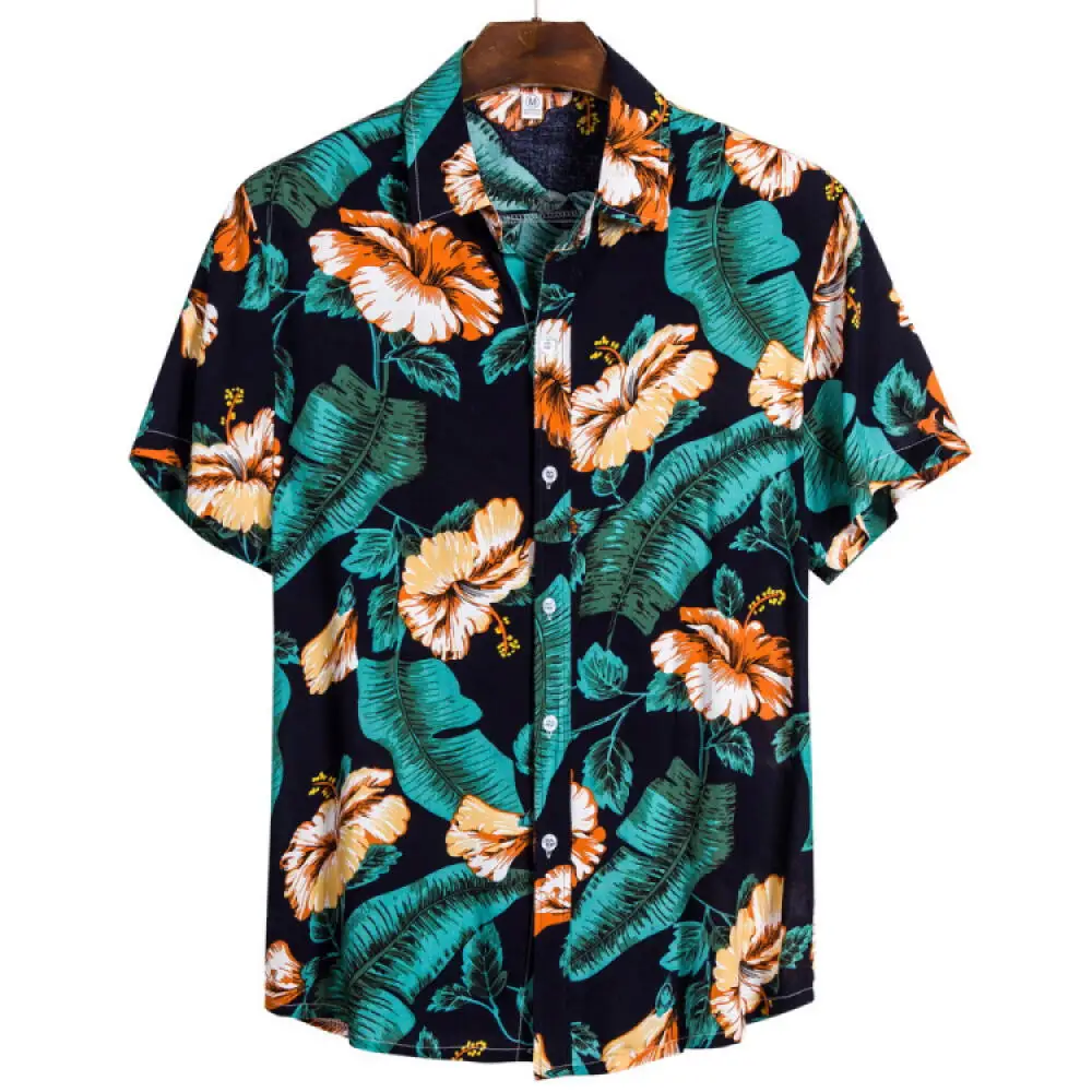 Men\'s Summer Short Sleeve Hawaiian Shirt Loose Fit Floral Print Tropical Cruise Beach Button Down Shirts Gentlemen Blouses