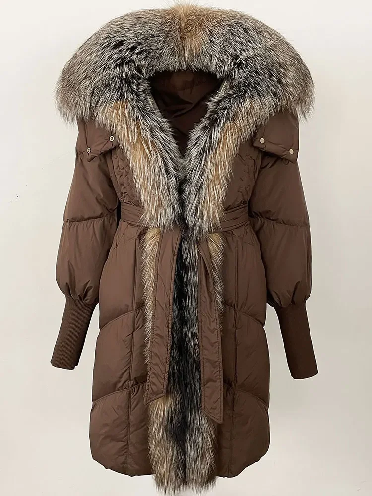 MENINA 2024 nova jaqueta de inverno feminina longa natural gola de pele de raposa real com capuz pato branco para baixo casaco grosso quente casual outerwear