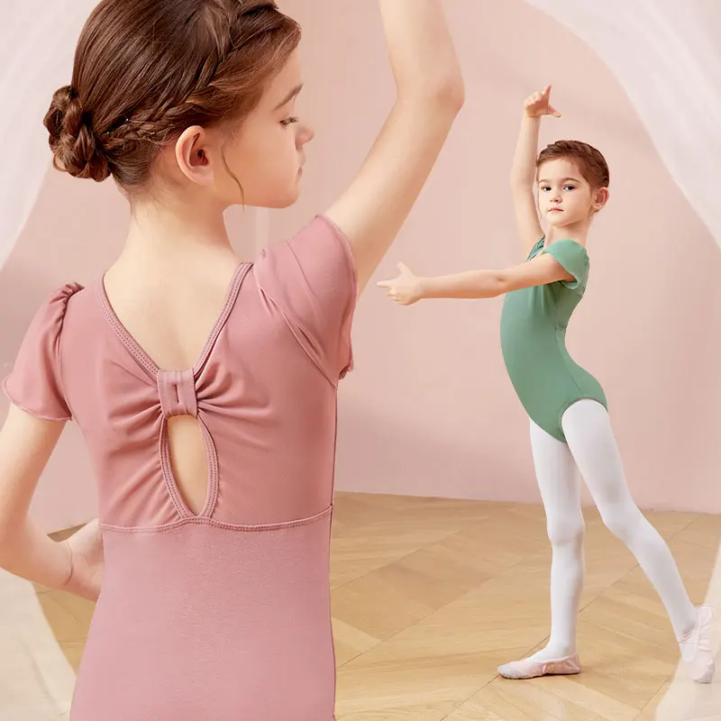 Ballet Leotards Girls Cotton Splice Short Sleeves Dance Leotards Back Bowknot Gymnastics Leotard Ballet Dancing Bodysuit