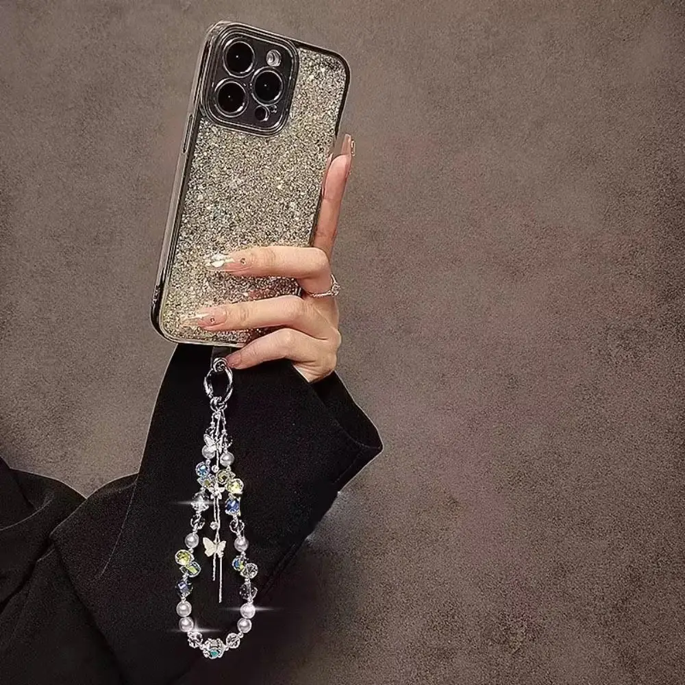 لؤلؤة بلينغ كريستال سلسلة هواتف قصيرة مطرز شرابة فراشة الهاتف الحبل حقيبة سحر ضوء فاخر نمط جراب هاتف شريط للرسغ