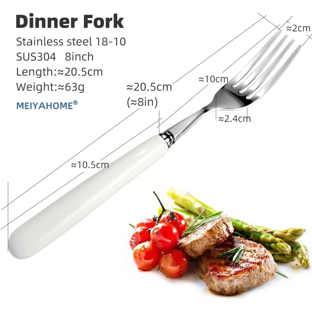 4pcs 20.5cm 8inch Good Dinner 18/10 Stainless Steel Table (creative White Ceramic Handle) Main Course , 4-tine For