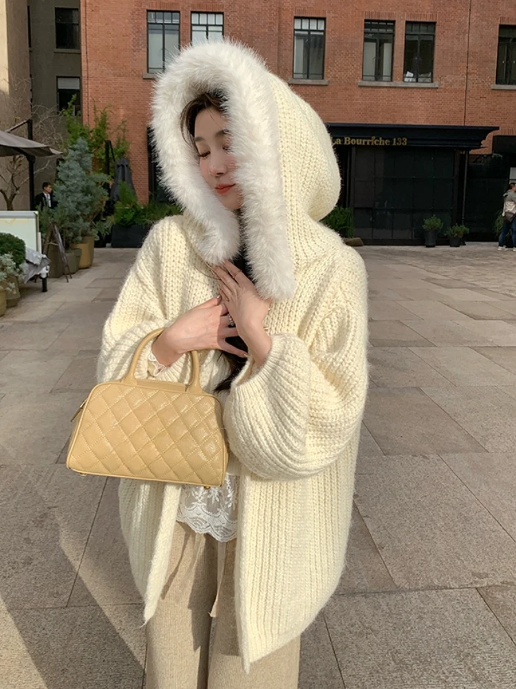 ADAgirl White Hooded Sweater Women Long Sleeve Knitted Cardigan Winter Clothes Korean Style Fashion Cutecore Oversized Coat Chic