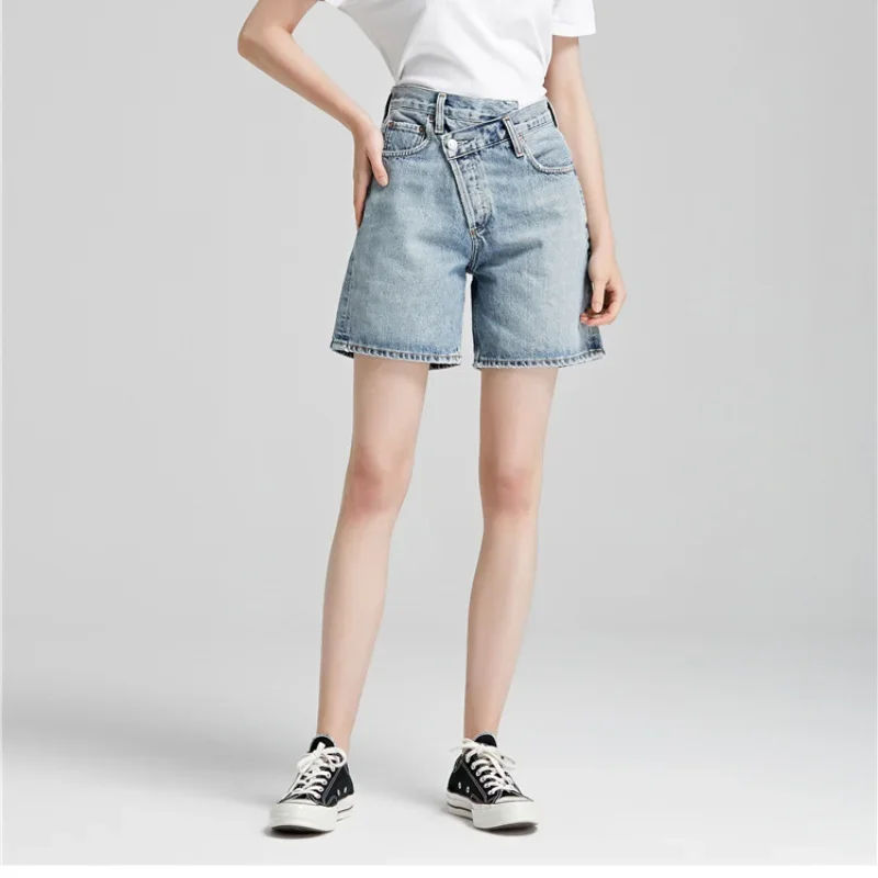 

Dark Gray European and American Cross Waist Quarter Light Blue Denim Shorts Women