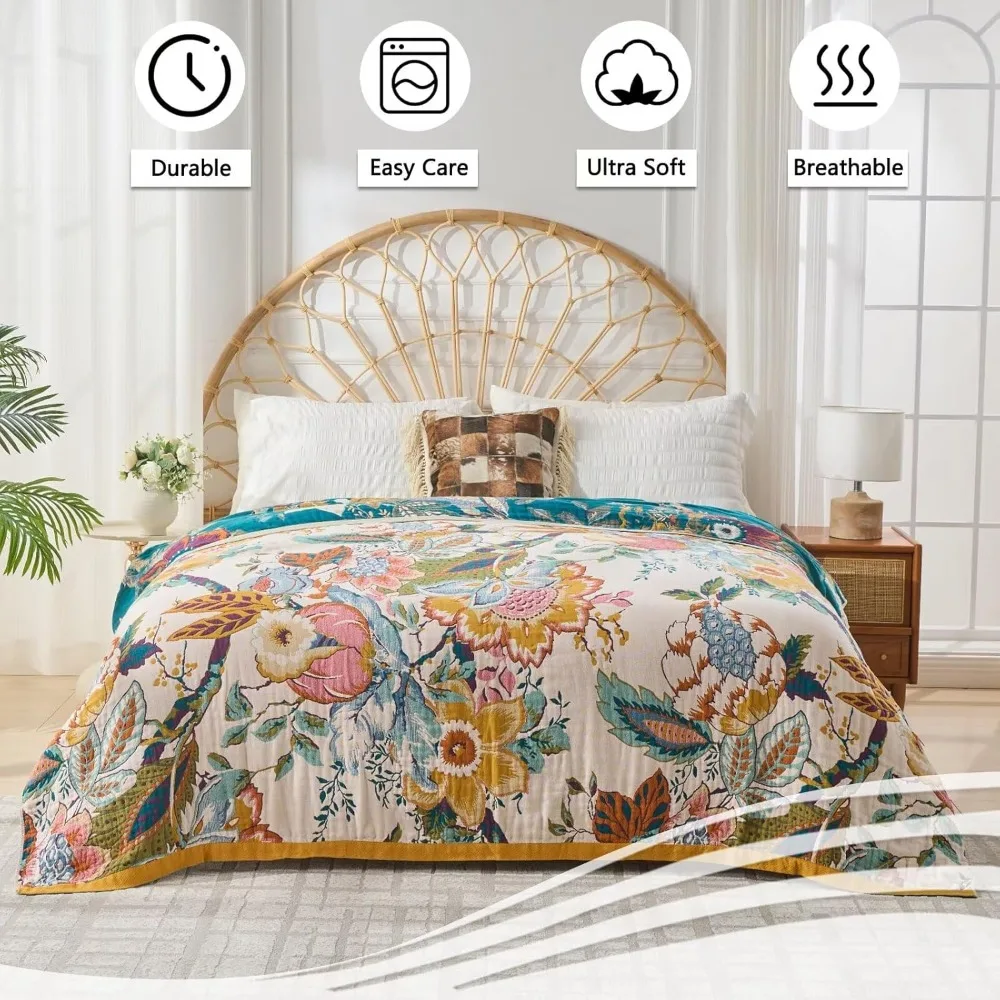 Eco-Friendly Bohemian Quilted Throw, Cozy Lightweight Blanket for Bed and Outdoors, Soft Muslin Cover for Adults and Picnics