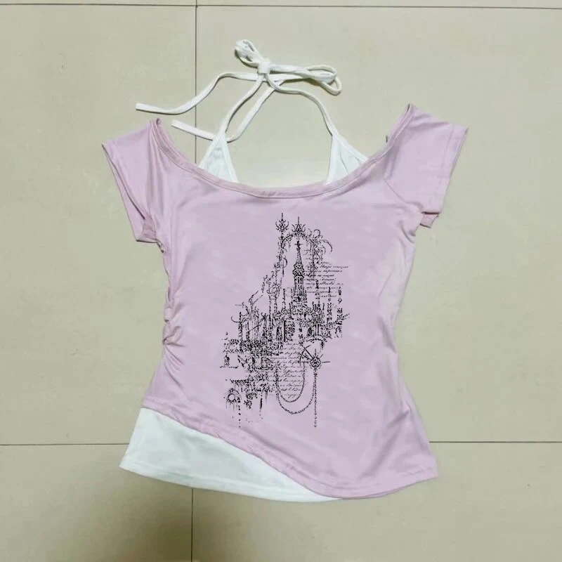 2000 년대 하이 스트리트 크리에이티브 코믹 패턴 프린트 티 고딕 펑크 Y2K 레트로 슬림 탑 패션 다목적 섹시한 클래식 여성 티셔츠