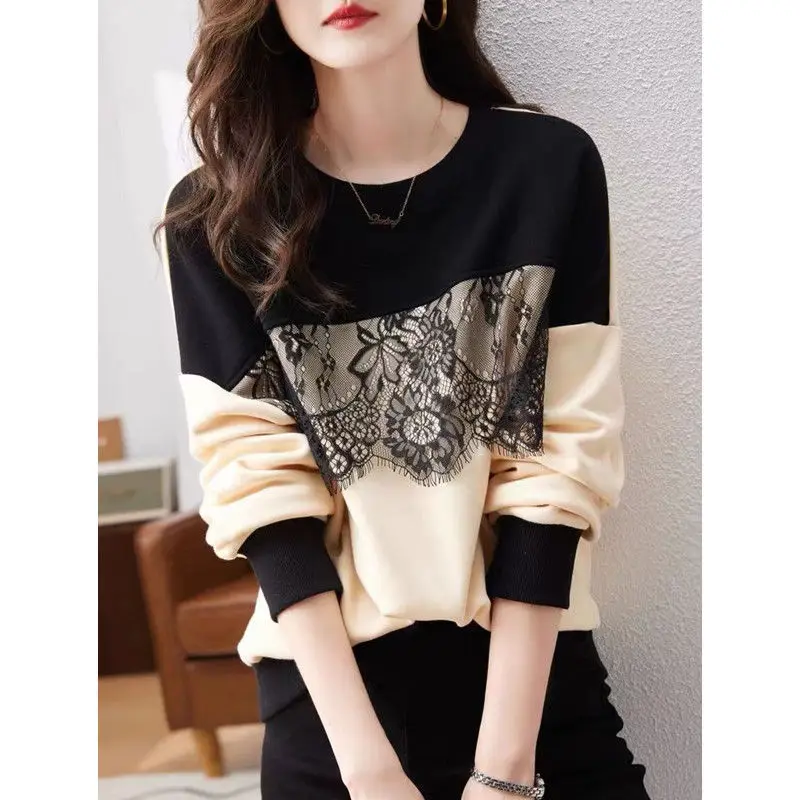 Spring Autumn Fashion Round Neck Long Sleeve Women's Clothing Patchwork Color Blocking Hoodies Loose Embroidered Simplicity Tops