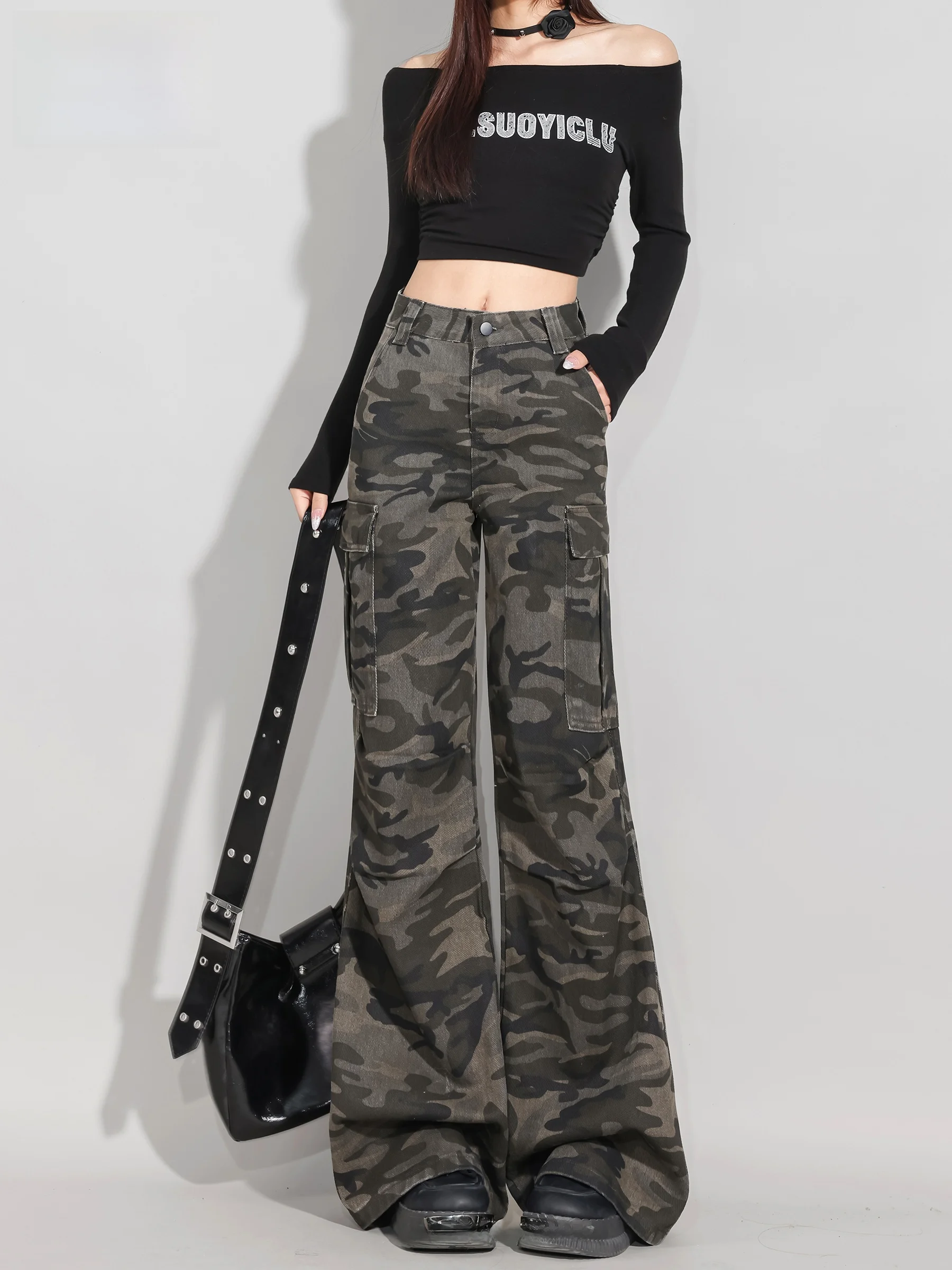 

Retro Camouflage High Waist Flared Denim Jeans Women's Spring New Design Workwear Wide Leg Pants Multi Pocket Durability