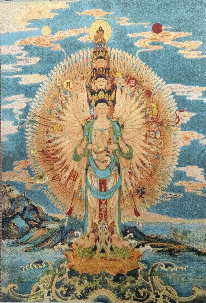 36" Fine Tibet Tibetan Cloth Silk Thousands Arms Kwan-yin Tangka Mural Home Temple Wall Decoration Hanging Paintings