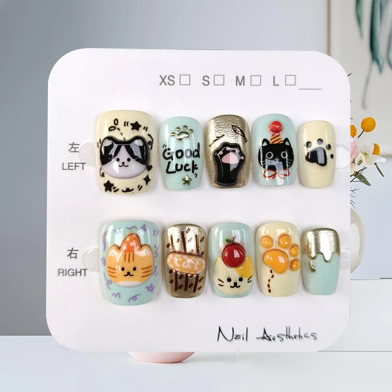 10 Uds lindo gato 3D divertido gato de dibujos animados y tonos marrones encantador conejo prensa en uñas niñas parche de uñas portátil arte de uñas Popular