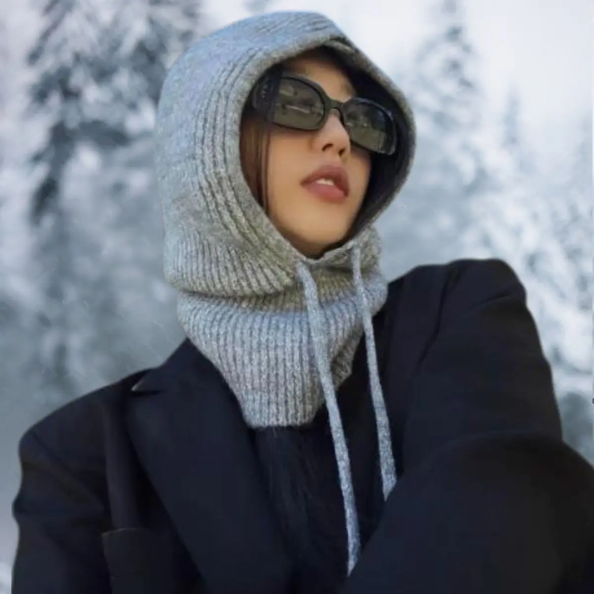 

Knitted Hooded Caps Women men Winter Neck Cover Balaclava Hats Outdoor Warm woolen Drawstring Caps One-piece Neck Collar Beanies