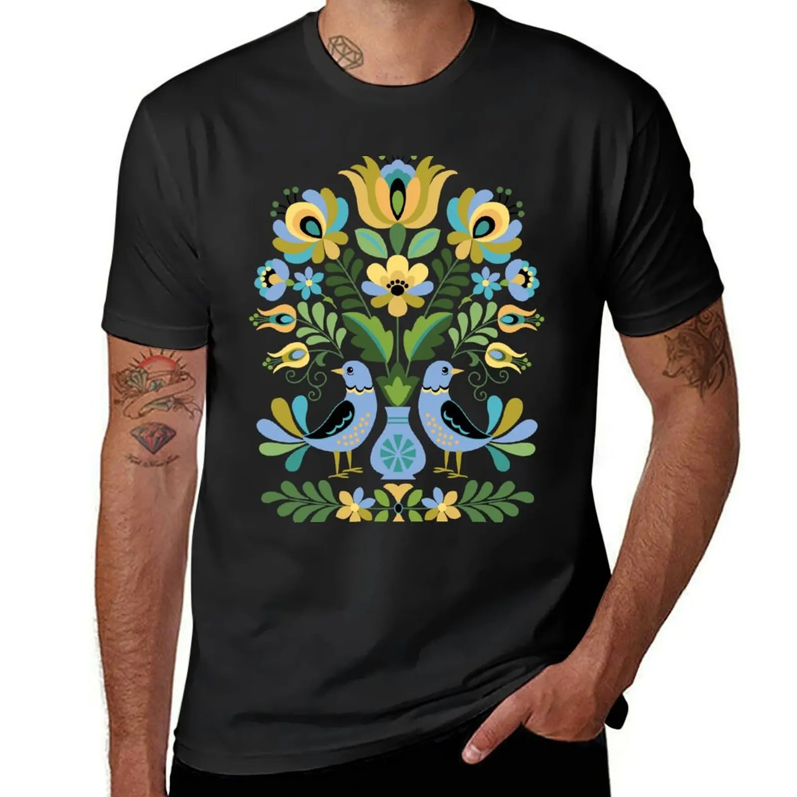 Hungarian Folk Art Birds in Blue and Gold T-Shirt summer clothes blacks mens graphic t-shirts hip hop