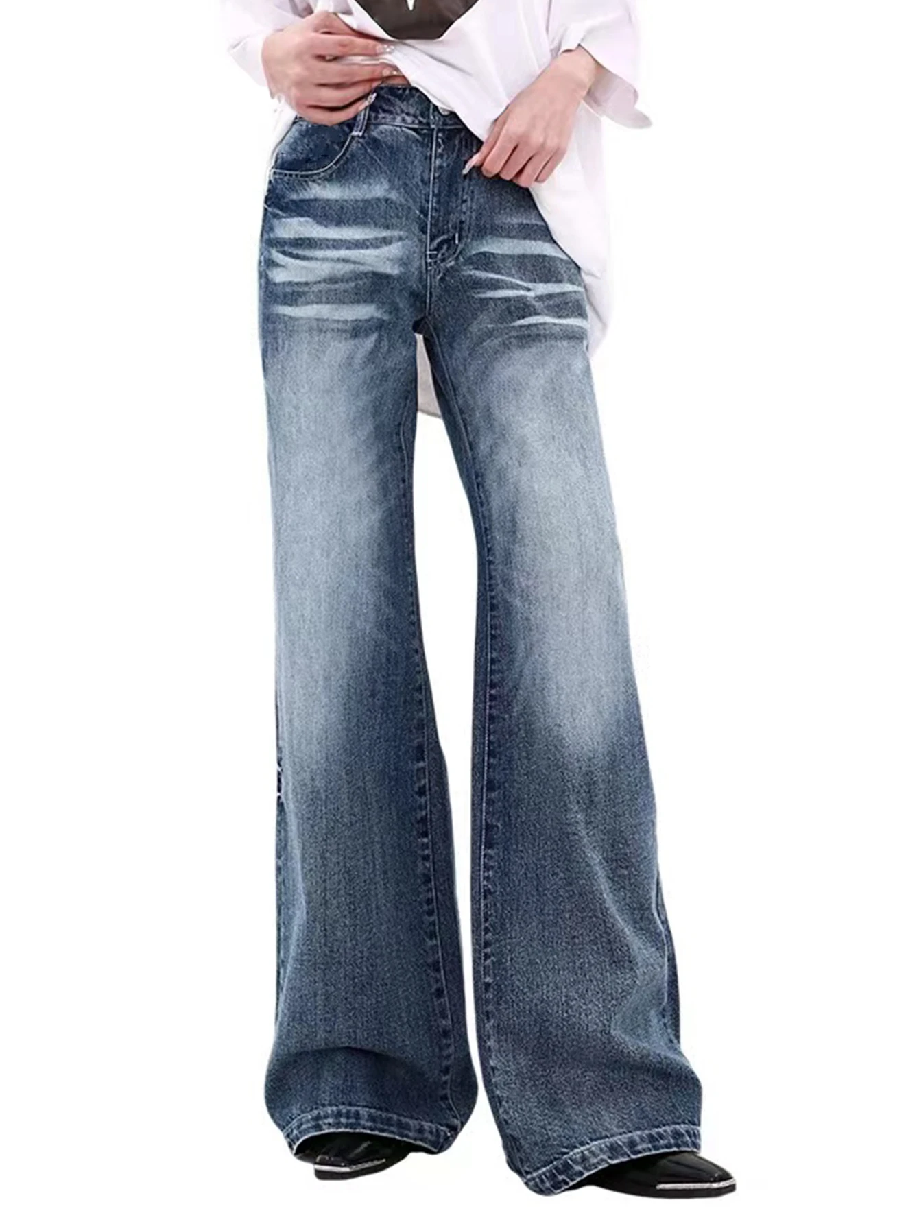 

Academic-style Girl's Vintage Faded Washed Straight-Leg Wide Leg Jeans - Loose Long Casual Denim Pants