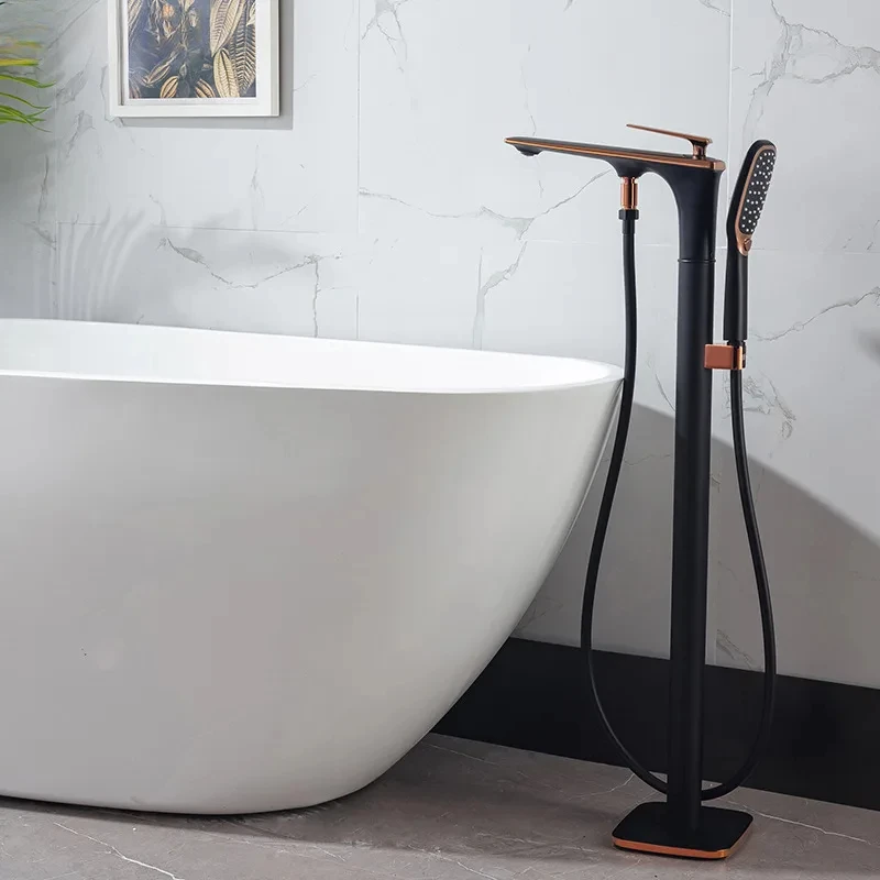 

Nordic white brass floor stand type sitting bathtub bath faucet rose gold black floor bath mixer hot and cold bathtub tap shower