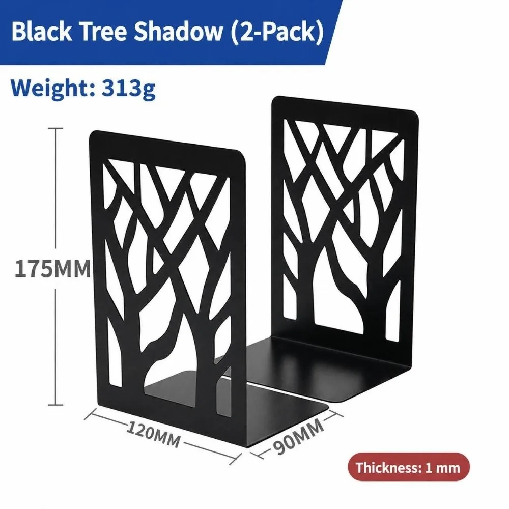 2Pcs Durable Metal Metal Bookends T-Shape Hollow Tree Pattern Book Supports Non Slip Desktop Bookshelf Organizer Gift